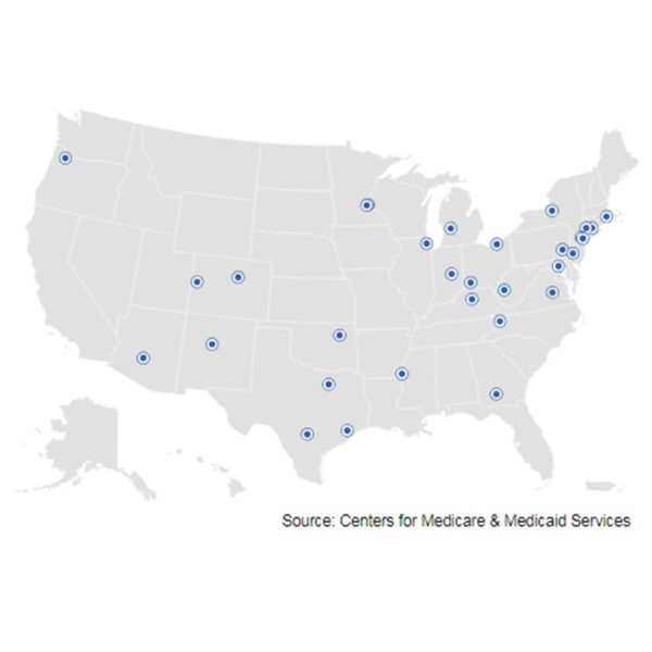 map of united states with pinpoints of centers for medicate & medicaid services
