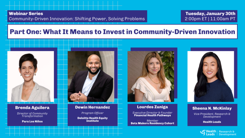 Headshots of four panelists speaking at the What It Means to Invest in Community-Driven Innovation webinar